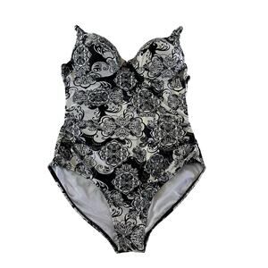 Bond-Eye Black White Floral Paisley One Piece Swim Bathing Suit Sz 12 Underwire